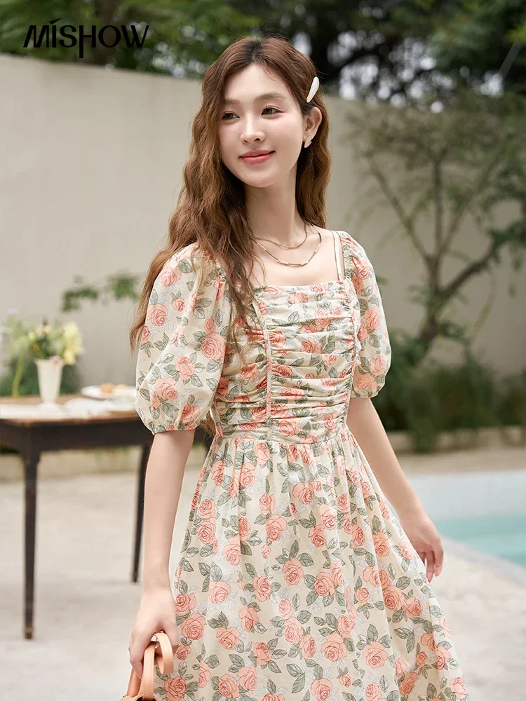 MISHOW Floral Dress 2023 Summer French 100 Cotton A-LINE Puff Sleeve Slash Neck Square Neck Folds Waist Long Dresses MXC33L1397