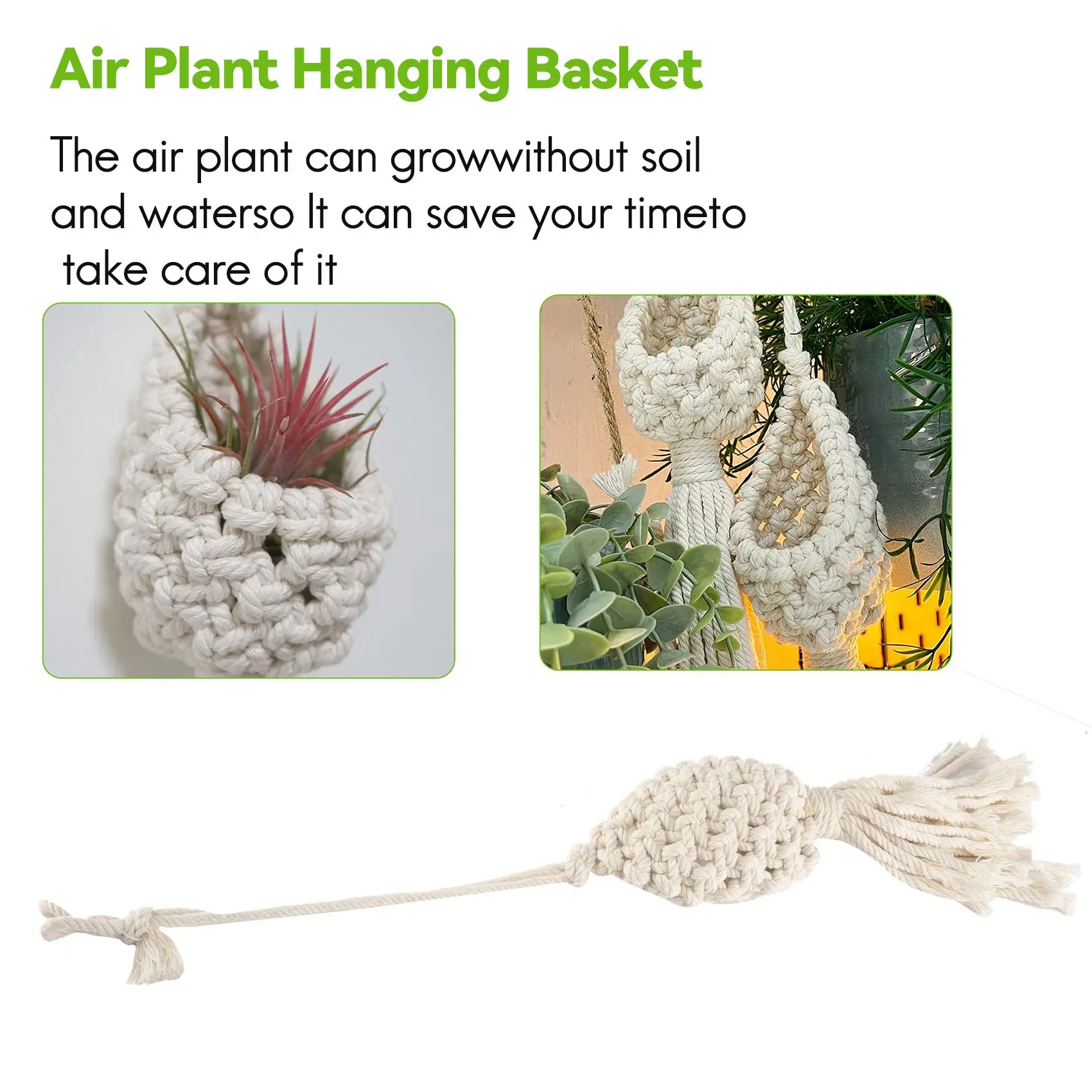 RIRI Boho Macrame Air Plant Hanger Tillandsia แขวนตะกร้าเชือกผู้ถือดอกไม้ตกแต่งบ้าน (10 ซม.)