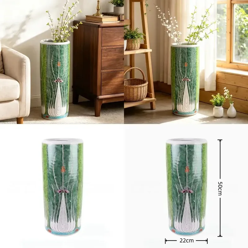 Vintage Hand Painted Cabbage Ceramic Umbrella Vase Large Diameter Dried Flower Arrangement