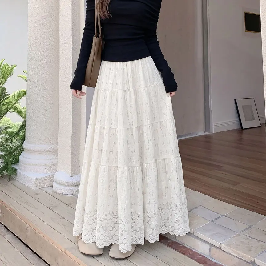 Midi Long Maxi Skirts For Women Autumn Winter Korean Casual Elastic High Waisted A-Line Crochet Floral Lace Skirt rok