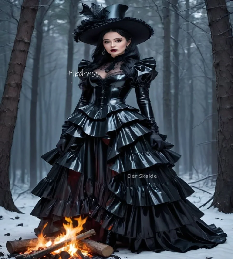 

Vampire Gothic Faux Leather Prom Dress 2025 Tiered Ruffle Long Sleeve Halloween Cosplay Evening Dress Sorceress Party Customized