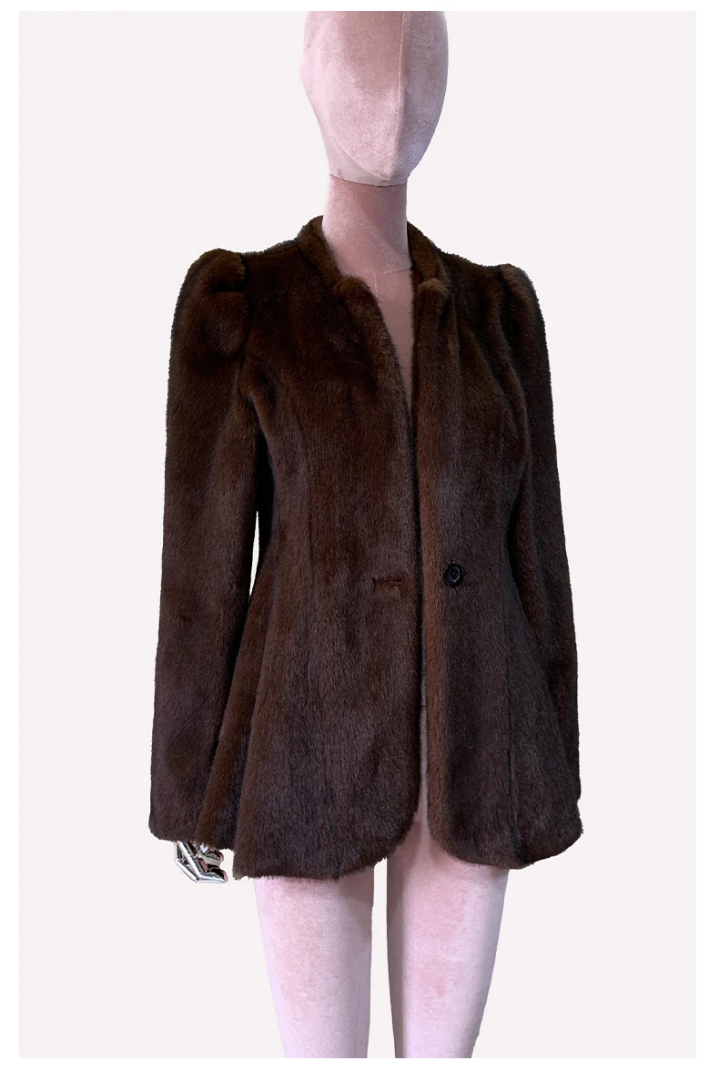 Nerazzurri Winter Short Brown Thick Warm Soft Fitted Faux Mink Fur Coat Women Single Button Elegant Luxury Chic Fluffy Jacket