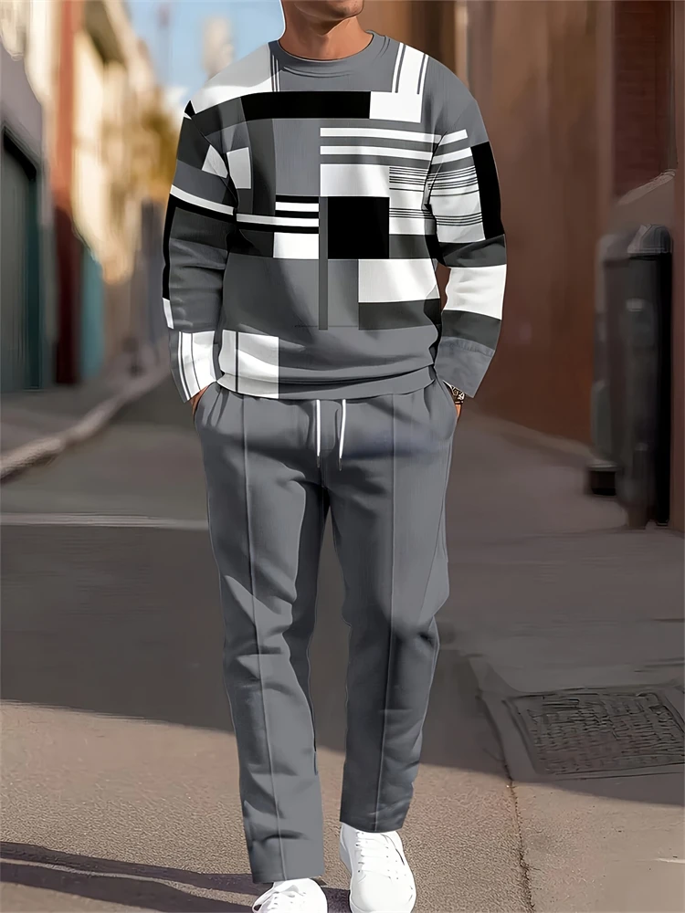 Fall New Arrival Men's Casual Set Minimalist Style Color-Block Pattern Crew Neck Long Sleeve Top With Drawstring Pants Set