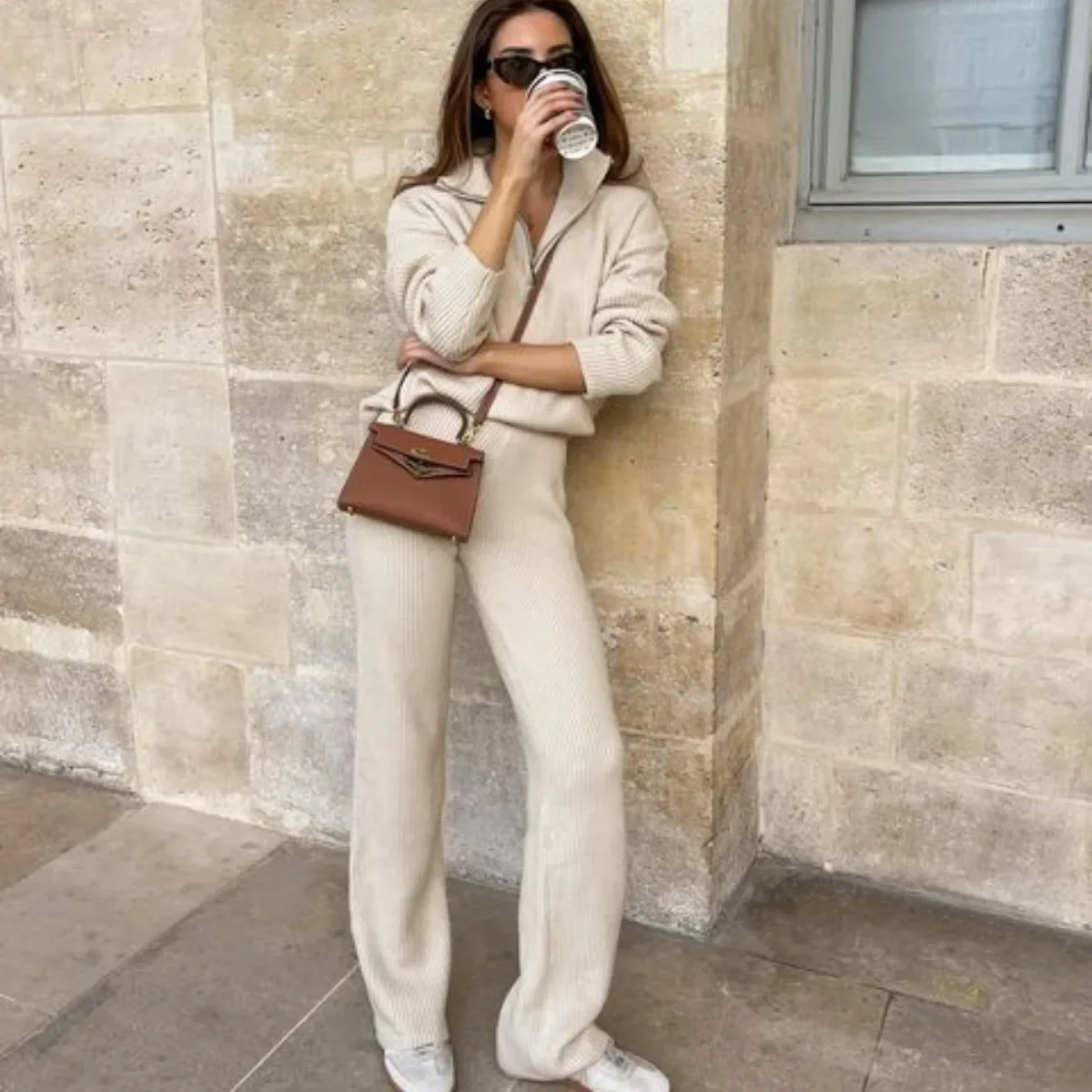 

Women Two Piece Sets Pant Sets High Waist Long Pants Knit Thick Turn Down Collar Pullovers Zipper Sweaters Autumn Winter 2024