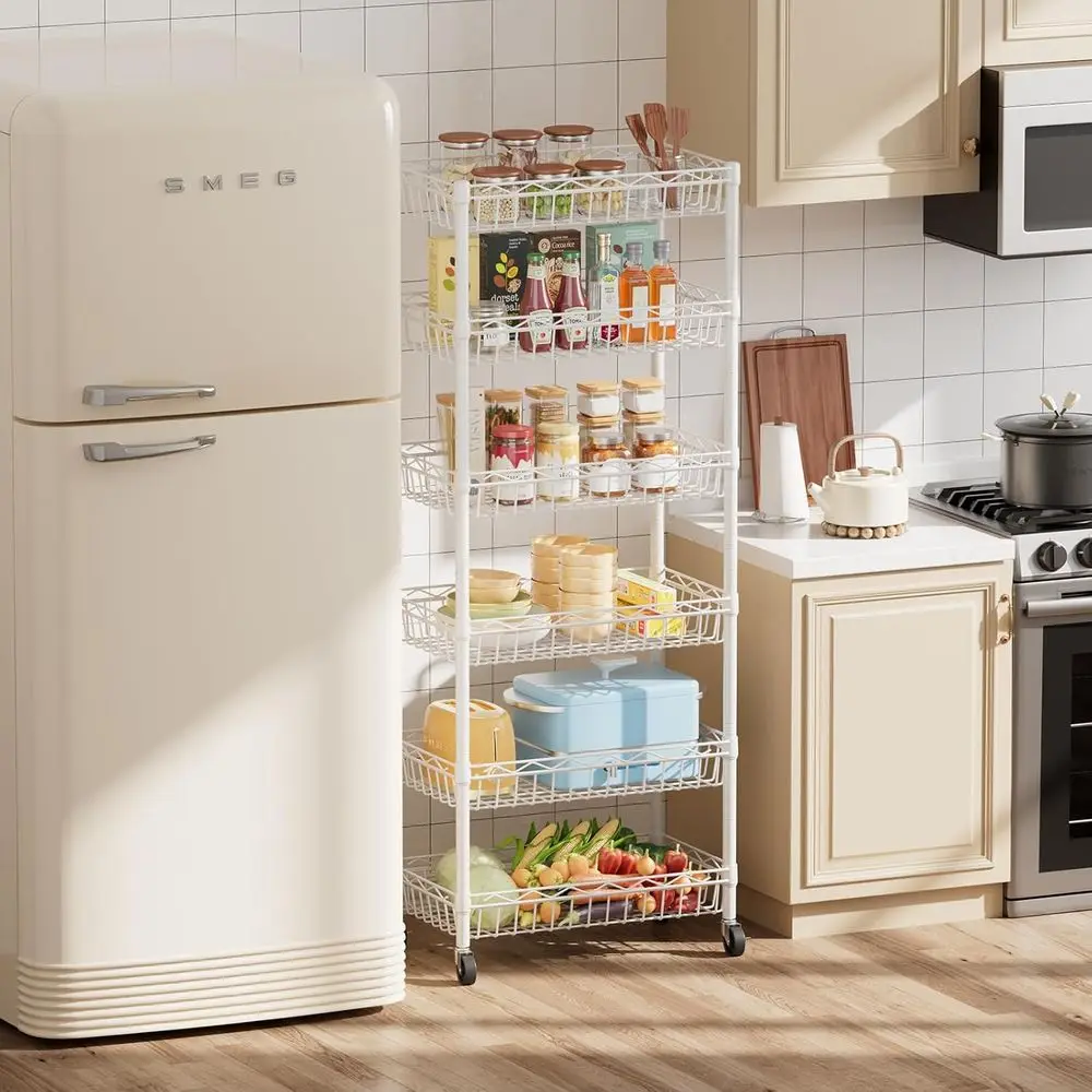 Adjustable 6-Tier Wire Basket Shelf - Large Storage Rack for Garage, Kitchen, Office, Pantry, Corner - White, 17x12x63