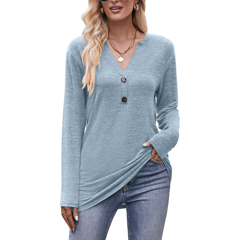 2024 Spring Autumn New Women's Long Sleeve Top Female Casual V-neck Button Brushed T-shirt Top Women Soft Comfy Tops Tees