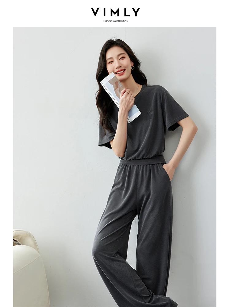 VIMLY WomenSporty Simple Matching Sets Summer Loose Short Sleeve O-Neck T-Shirt+Casual Long Pants Solid Tracksuit 2pcs SetsM7109