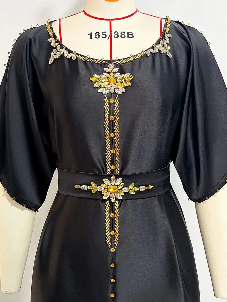 Ramadan Eid czarna satynowa Abaya dubajska indyk sukienka muzułmańska Kaftan Abayas sukienki afrykańskie dla kobiet Caftan Robe Femme Musulman