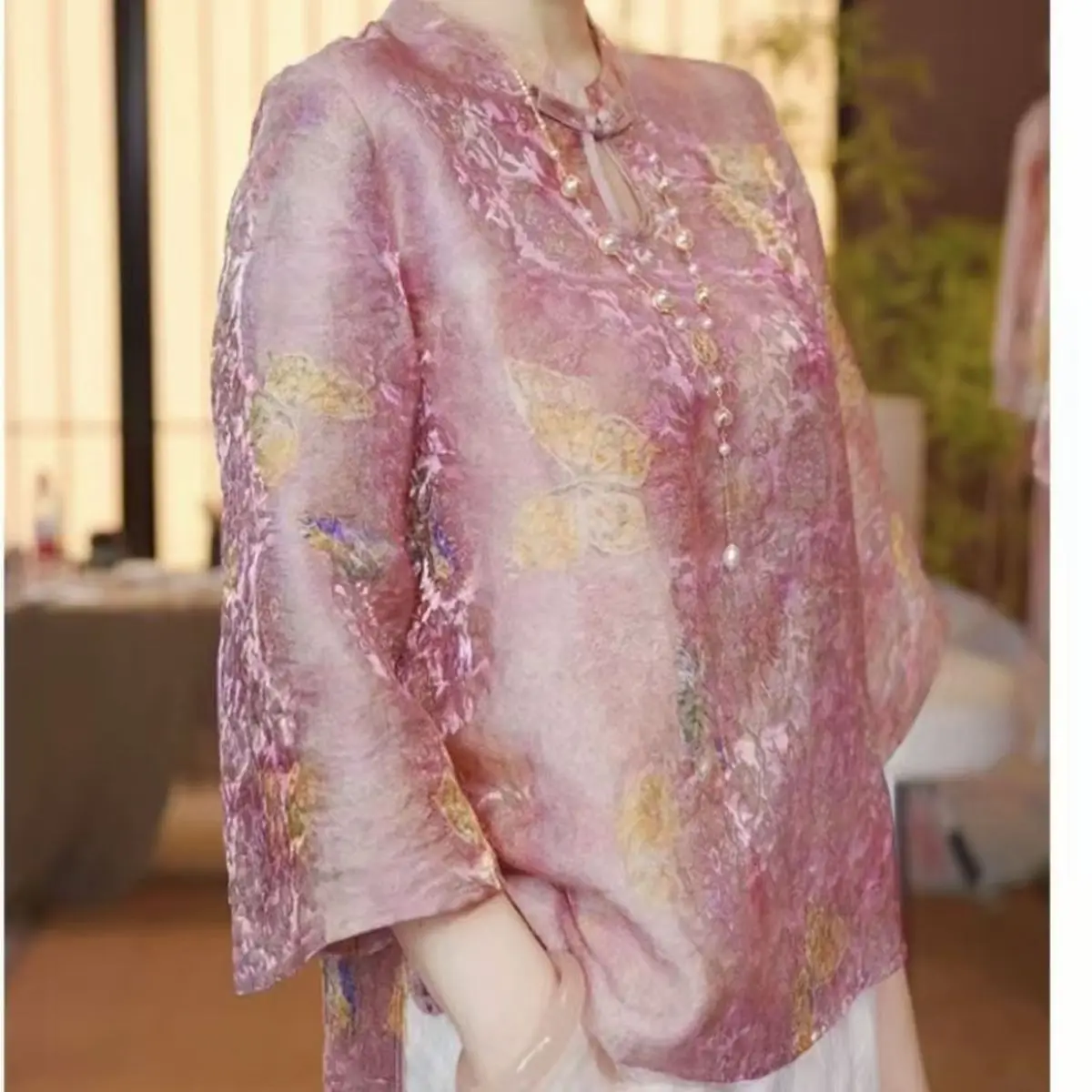 2026 New Spring and Summer New Mulberry Silk Shirt Pink Purple Printed National Style Button Women's Seven-quarter Sleeve Top