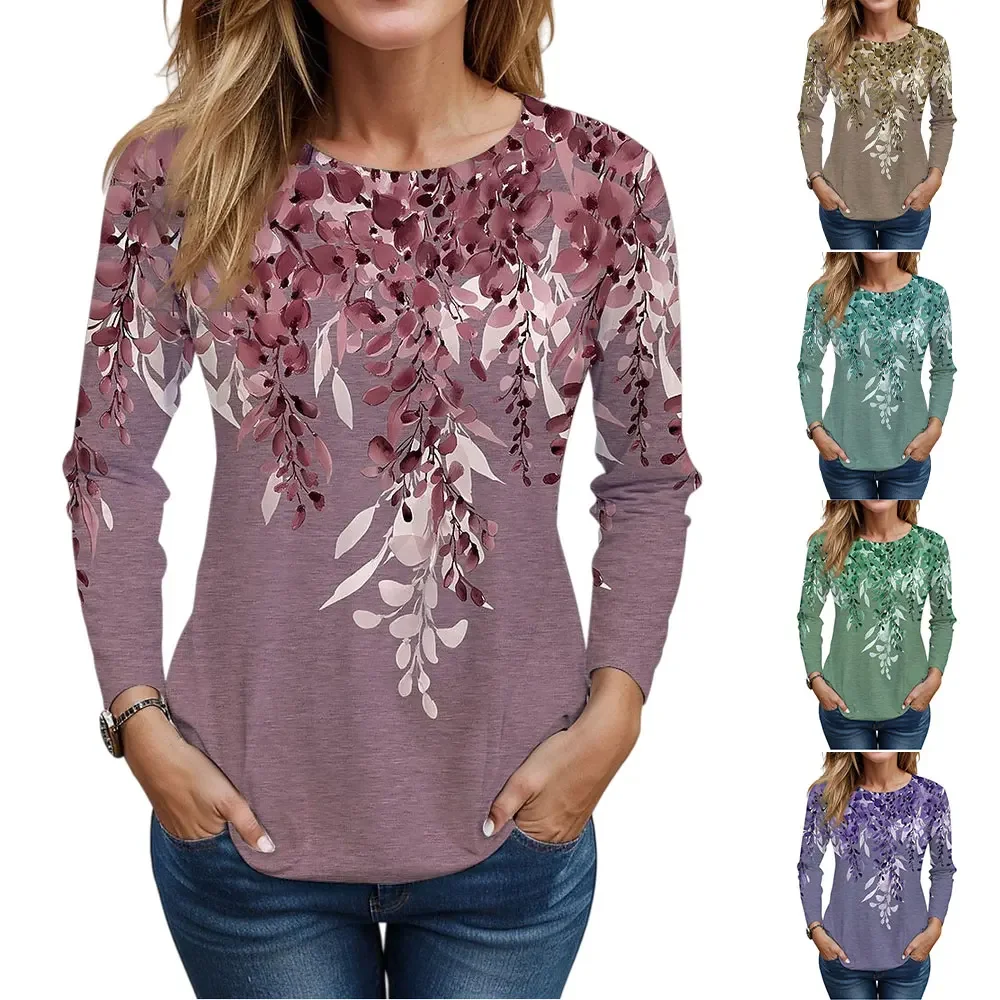 

Fashionable Casual Floral Print Long Sleeve Pullovers Autumn Tops Woman Clothes Holiday Round Neck T-Shirt