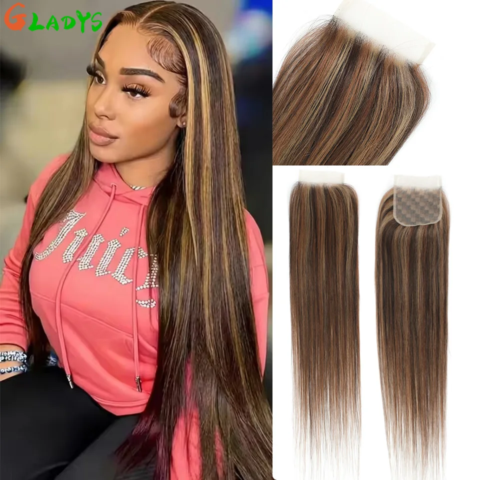

Gladys Ombre Brown Straight 4x4 Lace Closure HD Transparent Lace Closure SP4-27-30 Blonde Highlight 22'' Synthetic Lace Closure