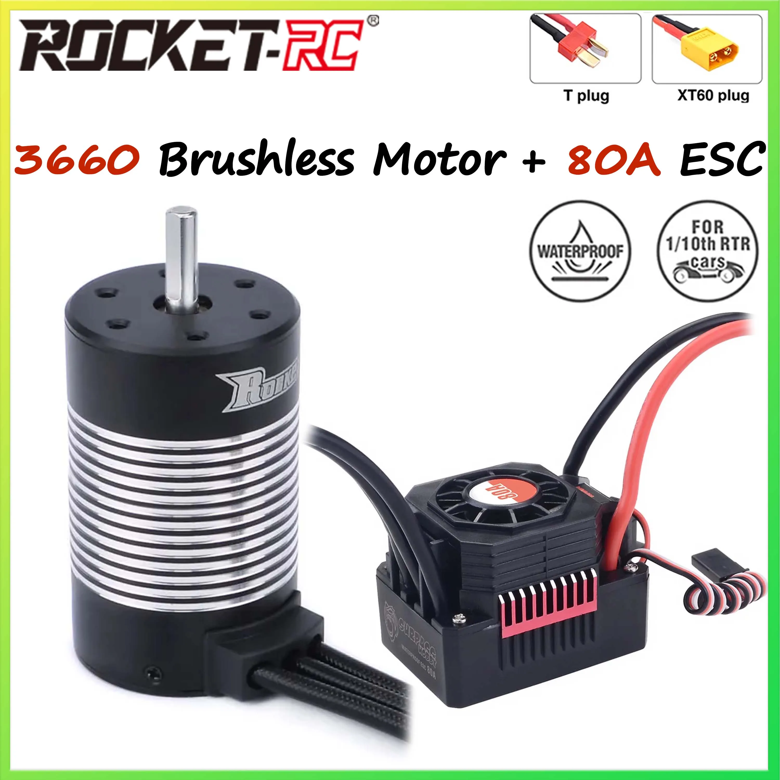 

Surpass Hobby Rocket 3660 Waterproof Brushless Motor 3.175/5mm 80A ESC T/XT60 Plug Combo for 1/10 RC Car Tamiya WLtoys Traxxas