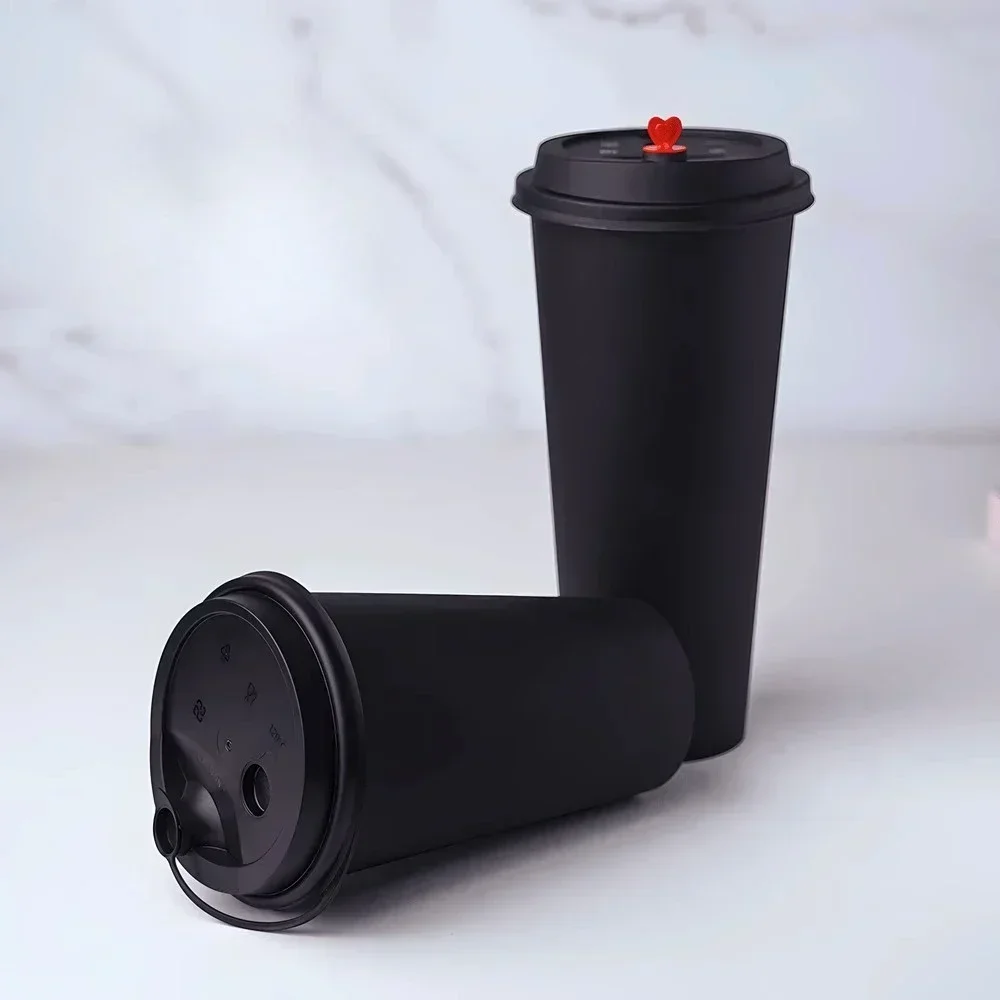 25pcs Black Frosted Milk Tea Coffee Cup Disposable Injection Molded Mug Juice with Lid 500ml 700ml Beverage Packaging Cups