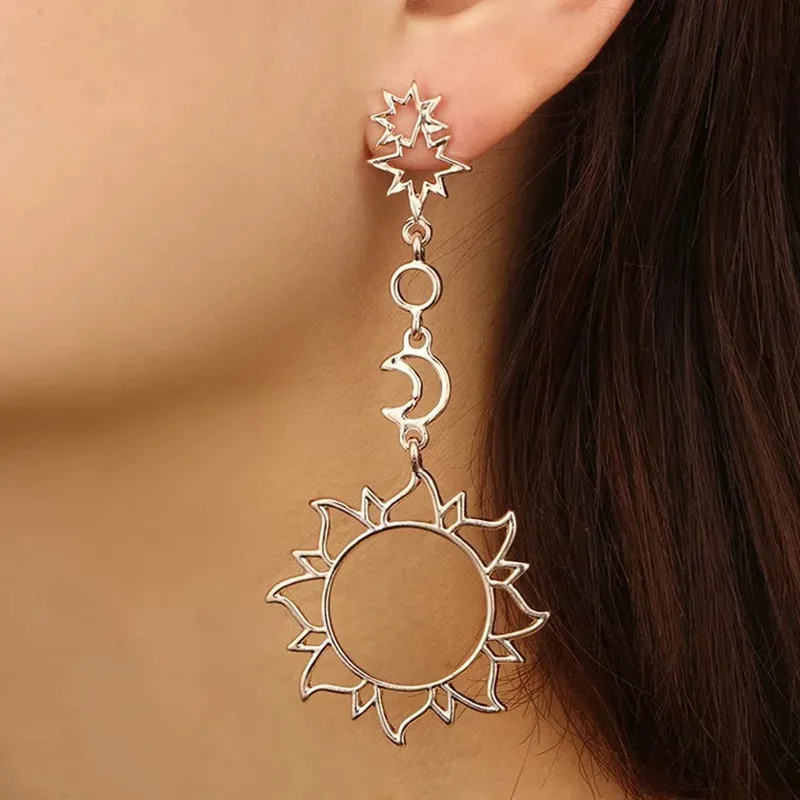 New popular retro exaggerated asymmetrical Sun moon earrings Sun God Moon god earrings