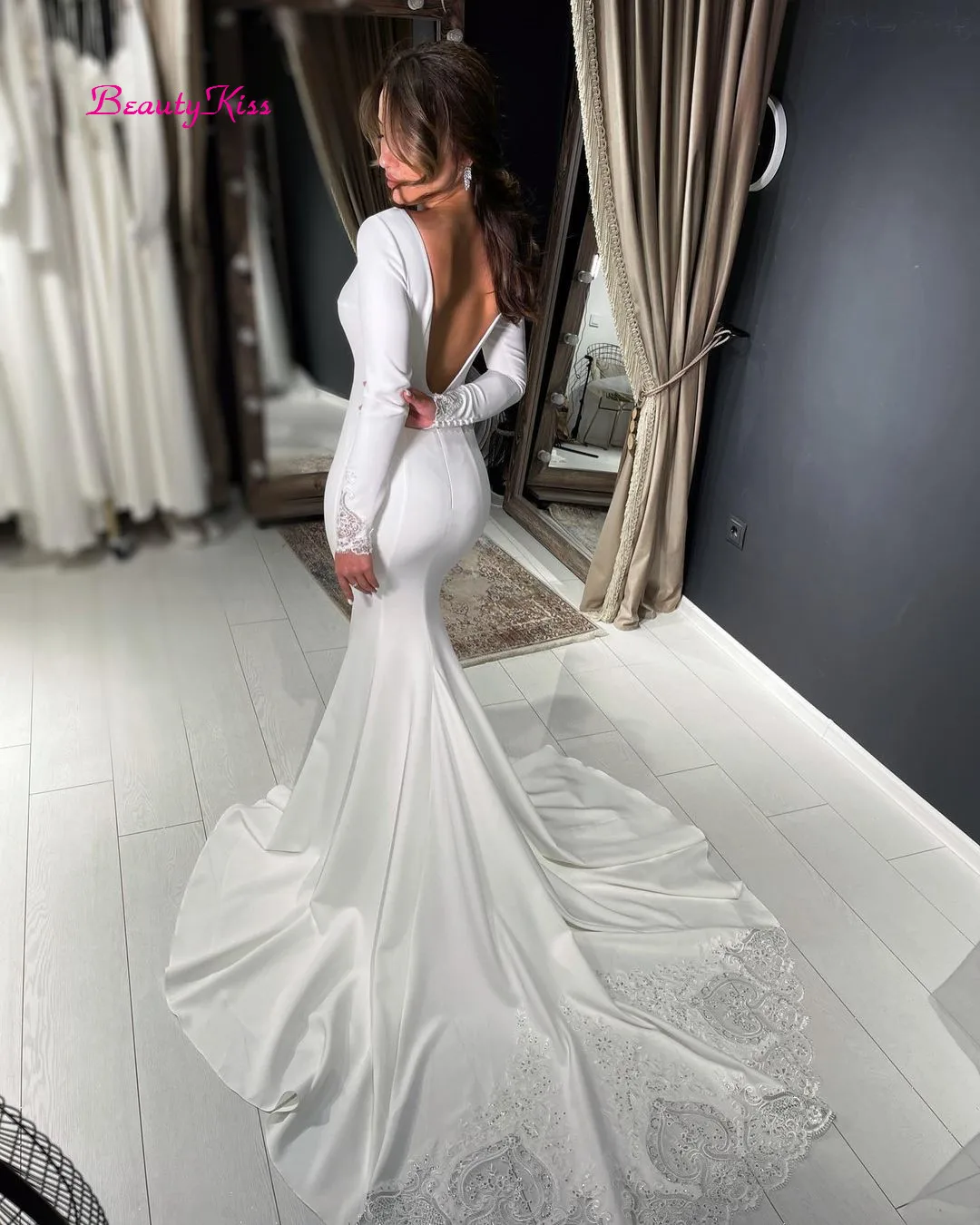 Robe de mariée en Satin à manches longues pour femmes, Sexy, dentelle, taille personnalisée, élégante, ligne a, Simple, blanc, 2022