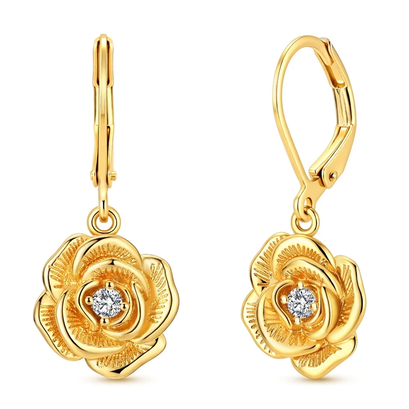 

925 Sterling Silver Golden Rose Drop Earring For Anniversary Wedding Jewelry Gifts