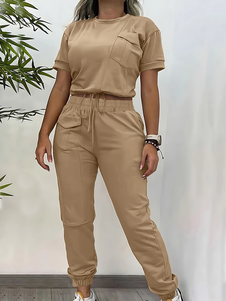 Women's Cargo Two Piece Set Short Sleeve O-Neck T-shirt Top High Waist Elastic Drawstring Jogger Pants Tracksuit Outfits
