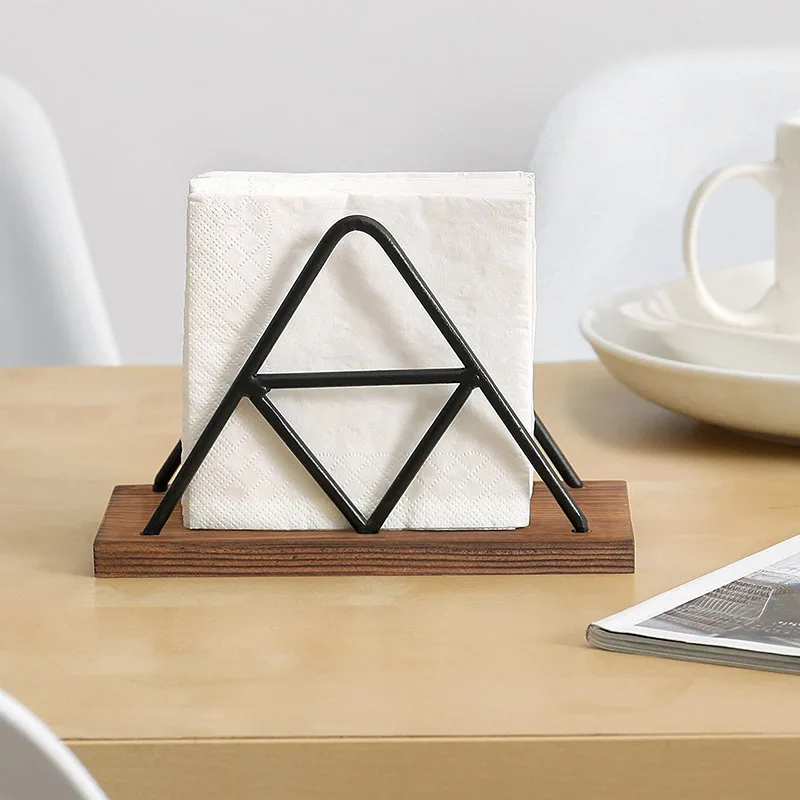 1pc Solid Wood Triangular Tissue Holder Stainless Steel Napkin Holder Desktop Tissue Base Restaurant Table Tissue Storage Rack