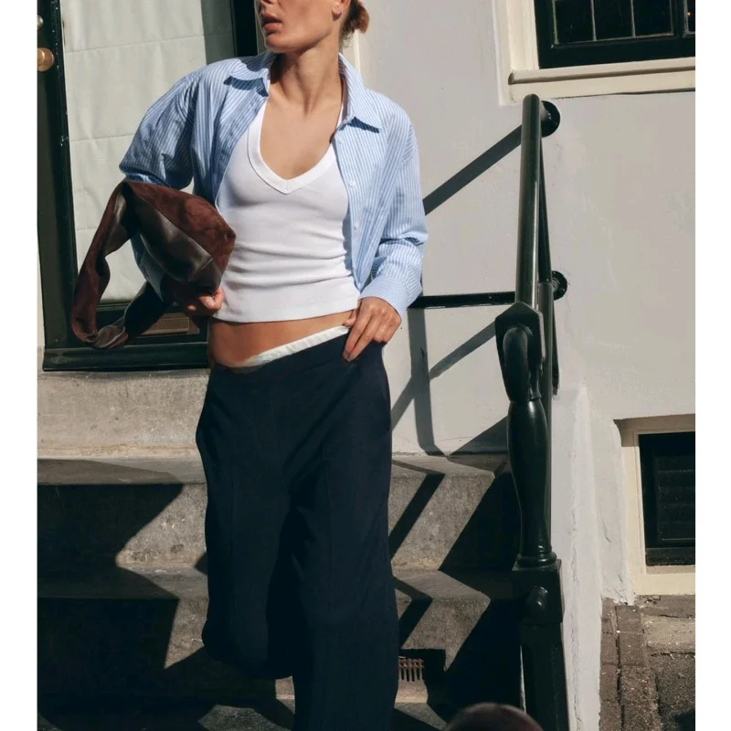 Autunno nuove donne Bue irt ort Sve lungo Sve colletto rovesciato vita pieghettata striscia casual poliestere sciolto