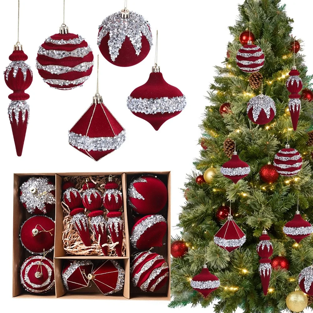 Flocked Christmas Tree Flocking Pendant Kit Glitter Red Christmas Flocked Balls Set Sparkling Plastic Christmas Tree Ornaments