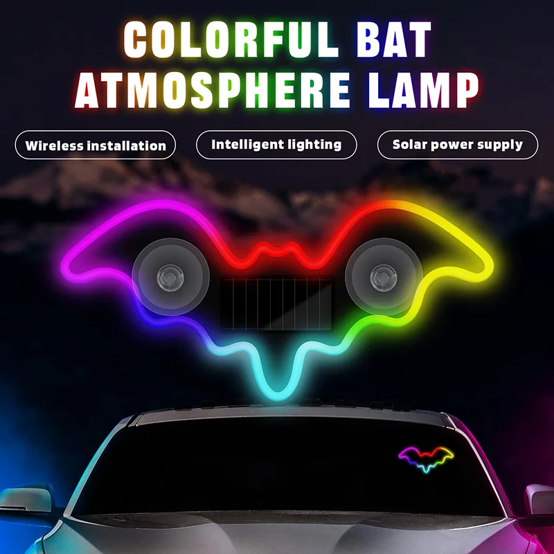 Universal Solar Atmosphere Light Bat-shaped Dynamic Gradient LED Fit Car Window Interior Ambient Light Decoration Accessory RGB