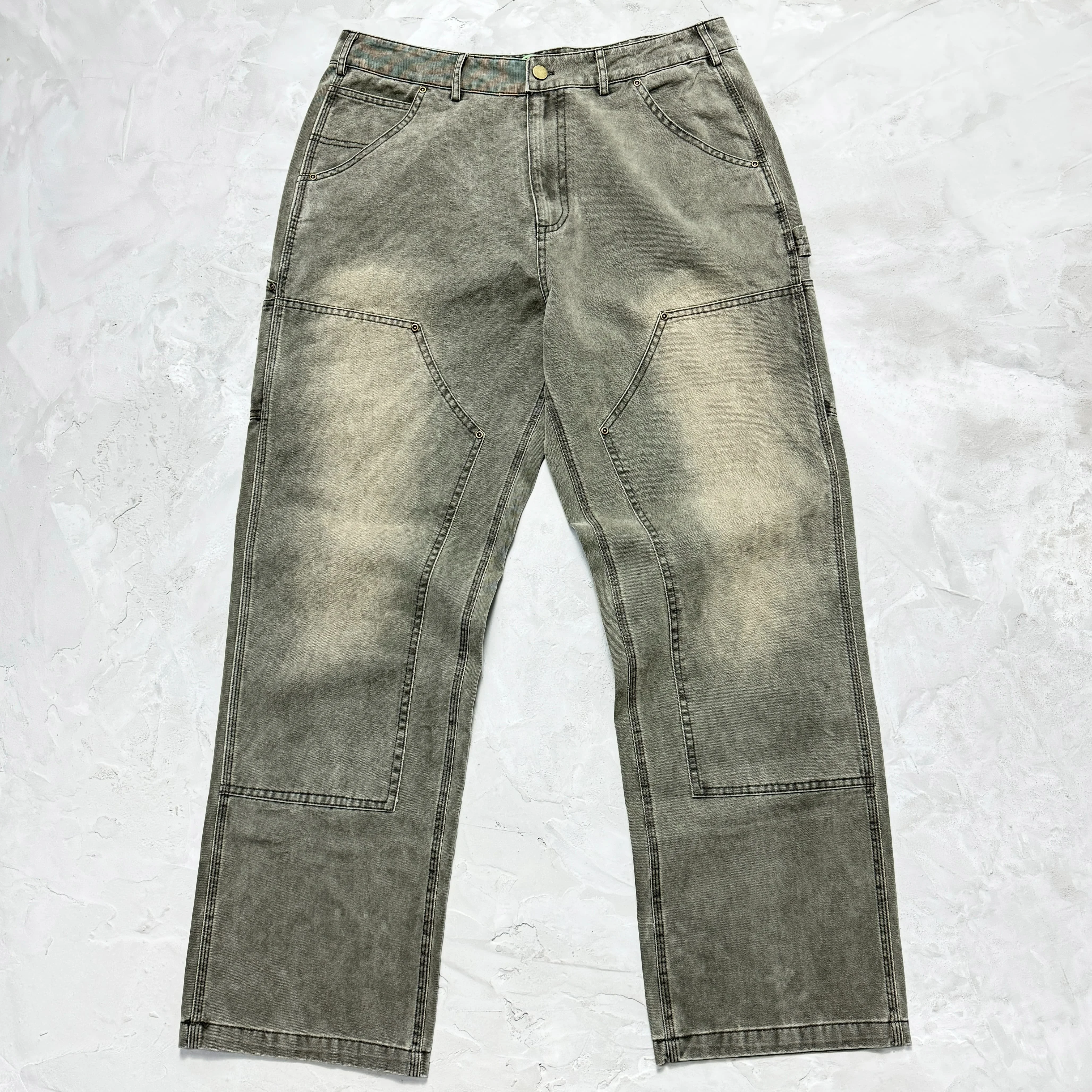 

Американская мода 18ss, потертые водой старые брюки с двойными коленами, лесозаготовительные брюки, трендовые ретро-чернила, мохово-зеленые джинсы