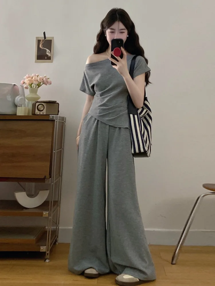 

plus Size Casual Korean Style Short Sleeve T-Shirt Women's Summer Lazy Style Two-Piece Set Slim Wide Leg Straight Pants
