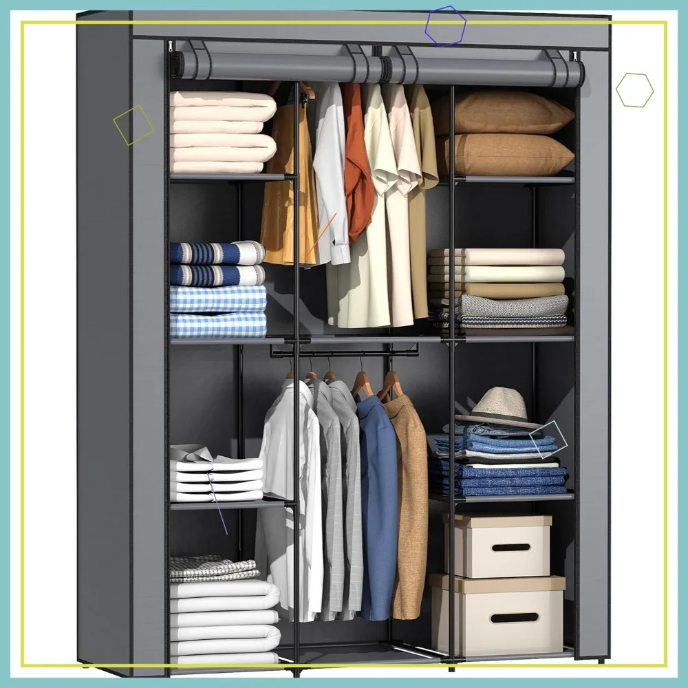 

Portable Closet with 10 Shelves & 2 Hanging Rods, Non-Woven Fabric Cover, Gray Organizer for Bedroom