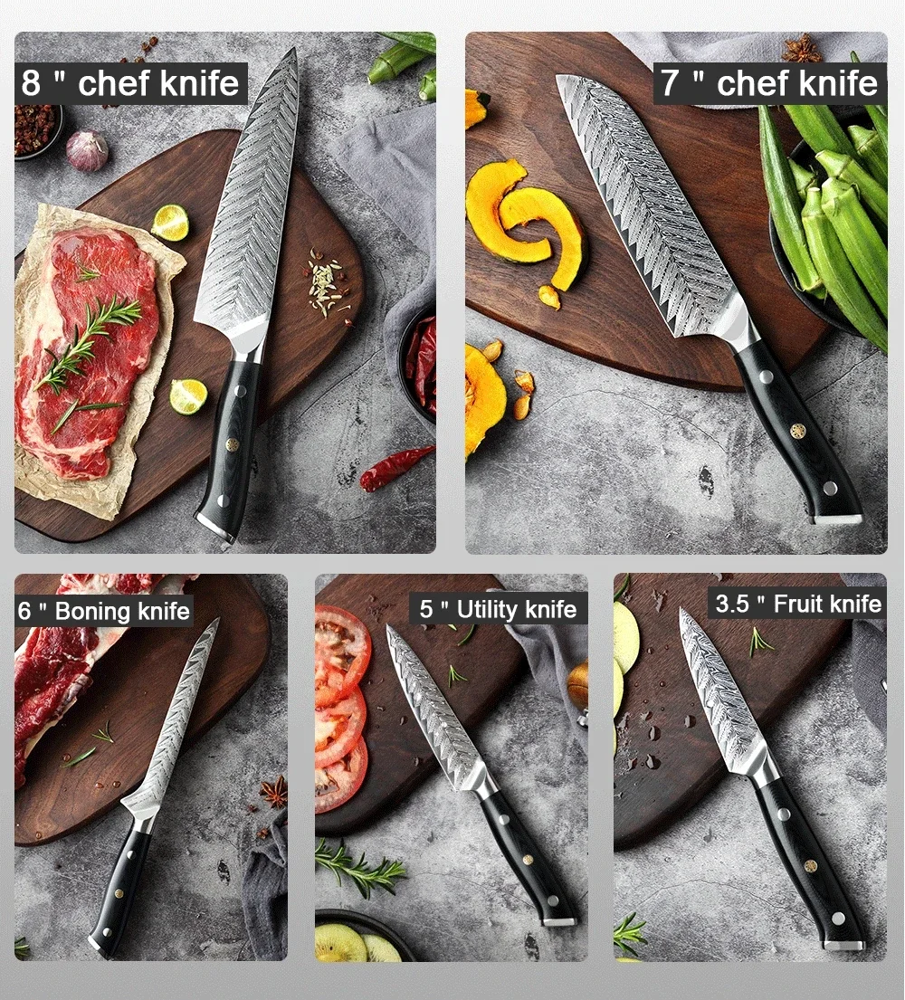 

Professional Chef-Grade Japanese Damascus Steel 1-5 PCS Kitchen Knife Set Exquisite Fishbone Pattern Chef Knife & Santoku Knife
