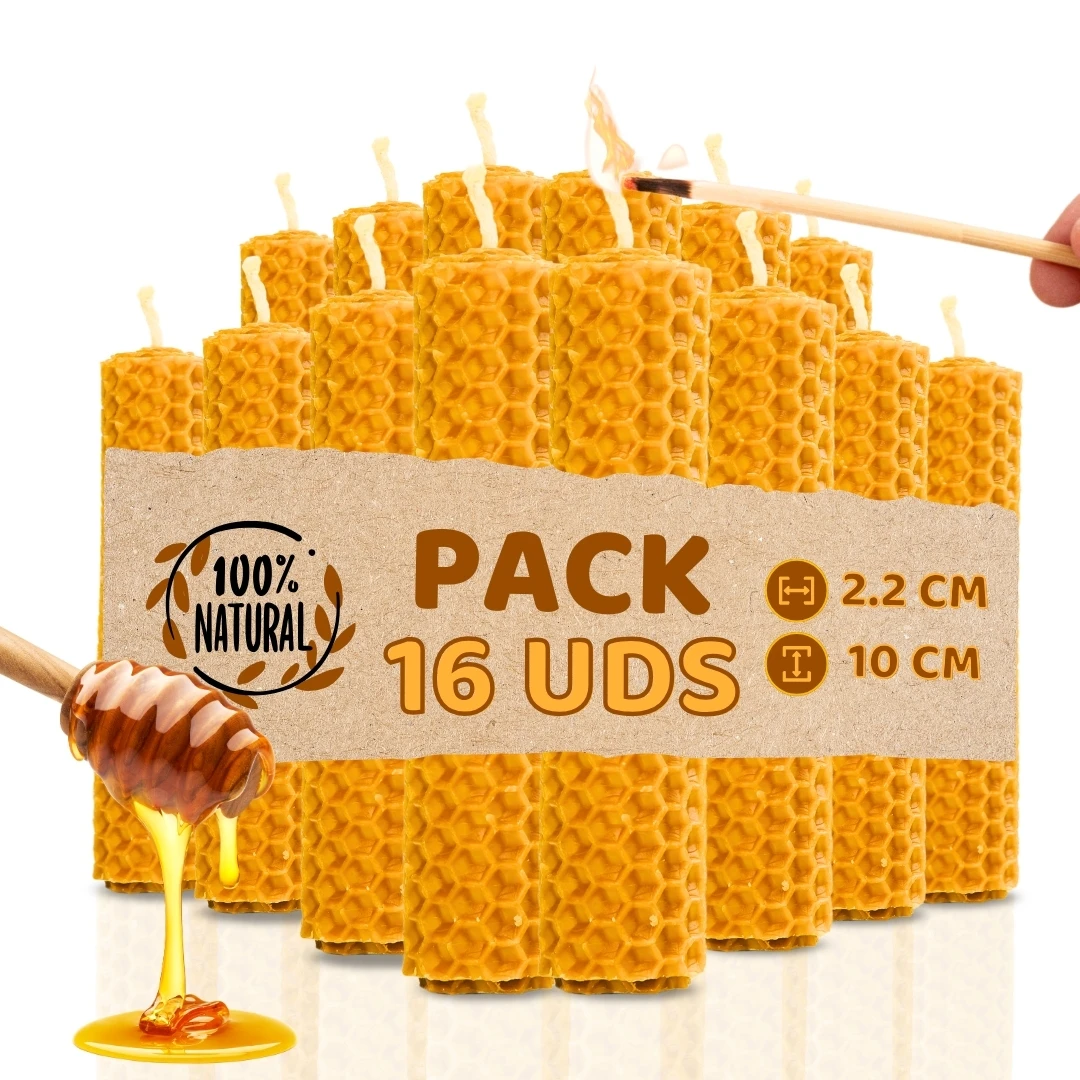 Pack de 16 Velas de Miel de Abeja para Rituales 100% Natural - DECEVI - Hechas a Mano - Origen España - SIN PARAFINA - Velas 10 cm x 2,2 cm - Enciende la Magia de la Luz Suave y Cálida