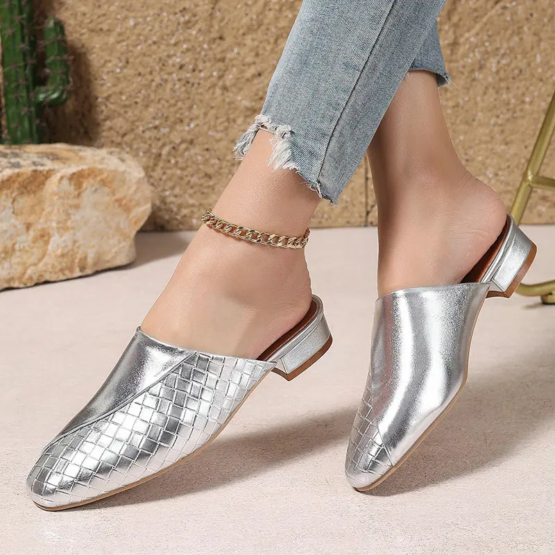 Shimmery Metallic Gold Silver Closed Toe Women Summer Slides Sandals Square Low Heels Slip-on Casual Mules Slippers Big Size 45