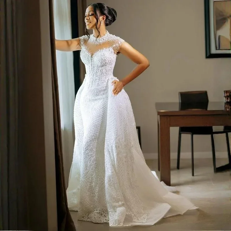 Customized Wedding Dresses Sheer Neck Illusion Short Sleeves Tulle Lace Bridal Gowns African Black Women Bride Mermaid