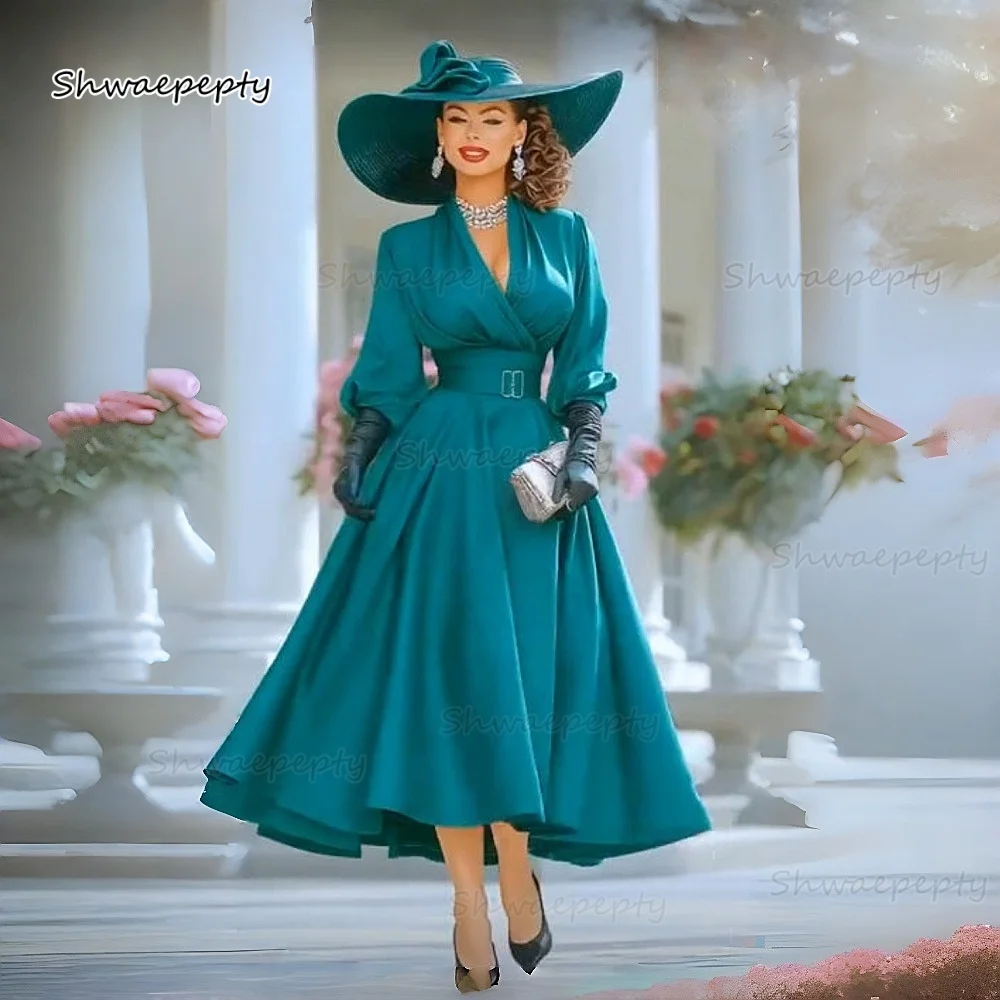 Elegante mãe da noiva vestido com decote em v cetim a linha chá-comprimento vintage convidados do casamento vestidos de festa mangas compridas personalizado 2026