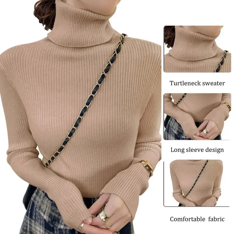 Women Sweater Pullover Winter Knitted Turtleneck Long Sleeve Slim Jumper Tops Ladies Casual Shirts Soft Warm Y2K Clothing