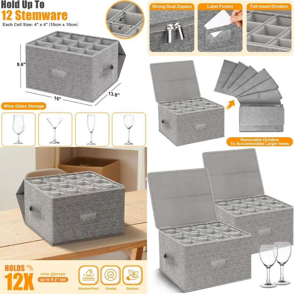 

Set of 2 Stackable Hard Shell Wine Glass Cases, Grey, 9.2 Tall, for 24 Crystal Stemware, Moving and Storage