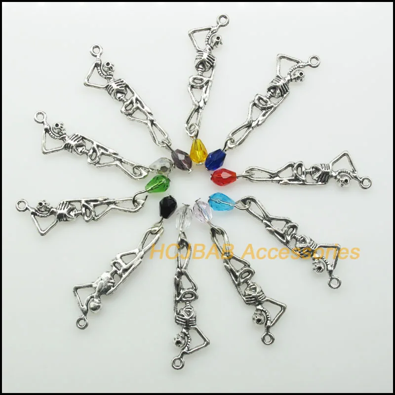 10Pcs Mixed Teardrop Crystal Antique Silver Color Skull Frame Halloween Charms Pendants 12x43mm