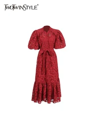 TWOTWINSTYLE Fashion Spliced Printing Dresses for Women Round Neck Long Sleeve Patchwork Bow Temperament Dress Female Style New
