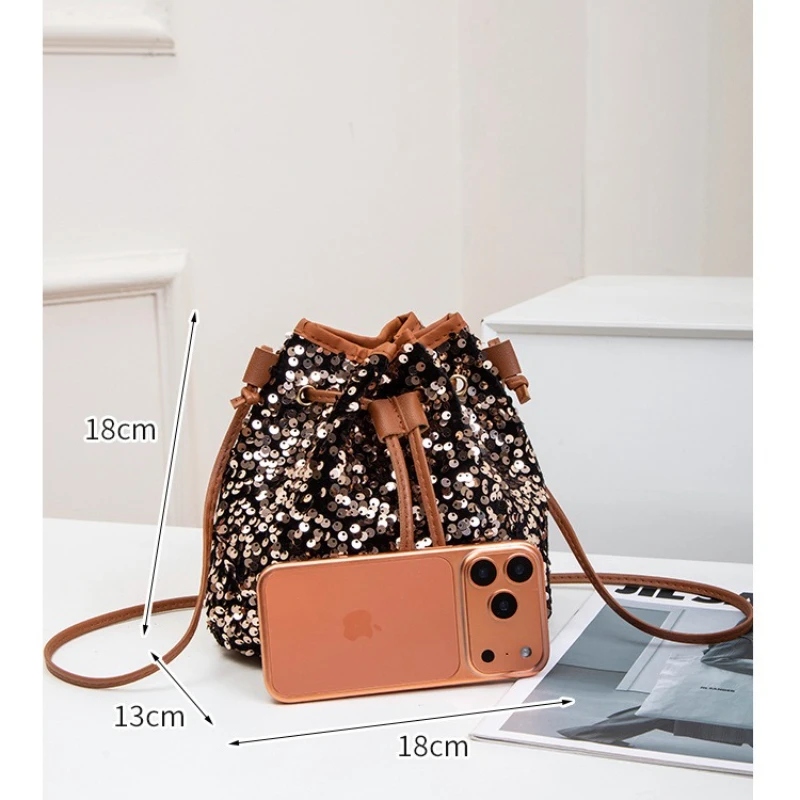 Neue Modische Vielseitige Handtasche mit Kordelzug, Schicke Mehrfarbige Pailletten-Schultertasche mit Großer Kapazität, Geldbörse und Umhängetasche – Detail 5