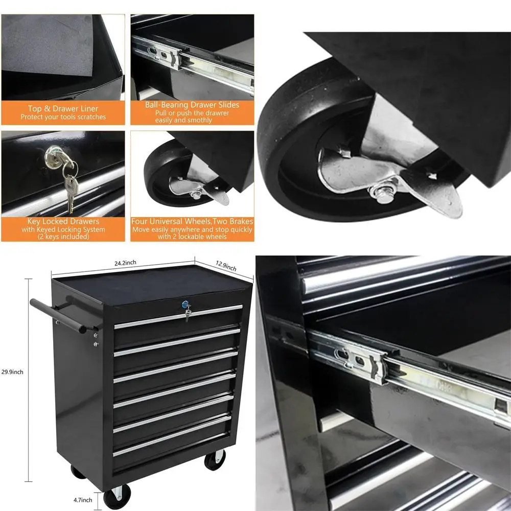 

Портативный стальной ящик для инструментов с 6 ящиками, мобильный органайзер для верстака для хранения в гараже и мастерской (черный)