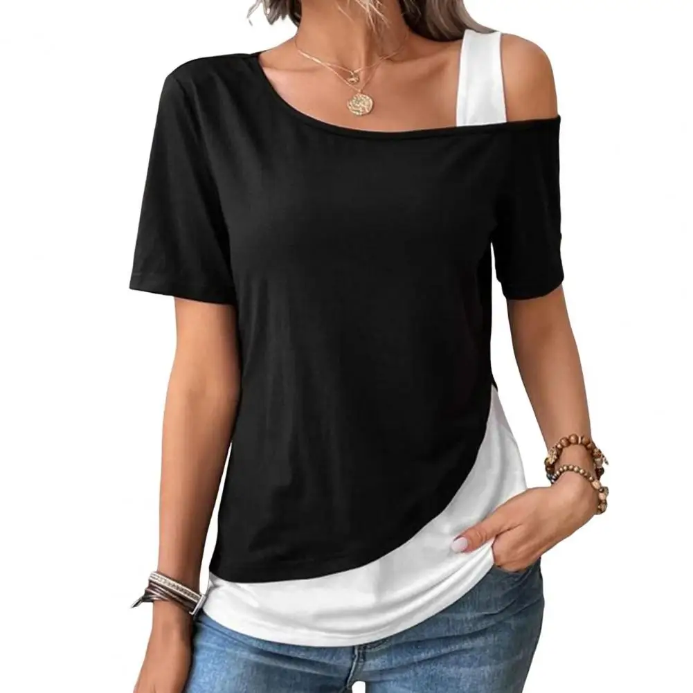 

Loose Women Blouse Summer Tops Off-Shoulder Skew Collar Short Sleeve Tee Tops Patchwork Color Casual Blouse shirt