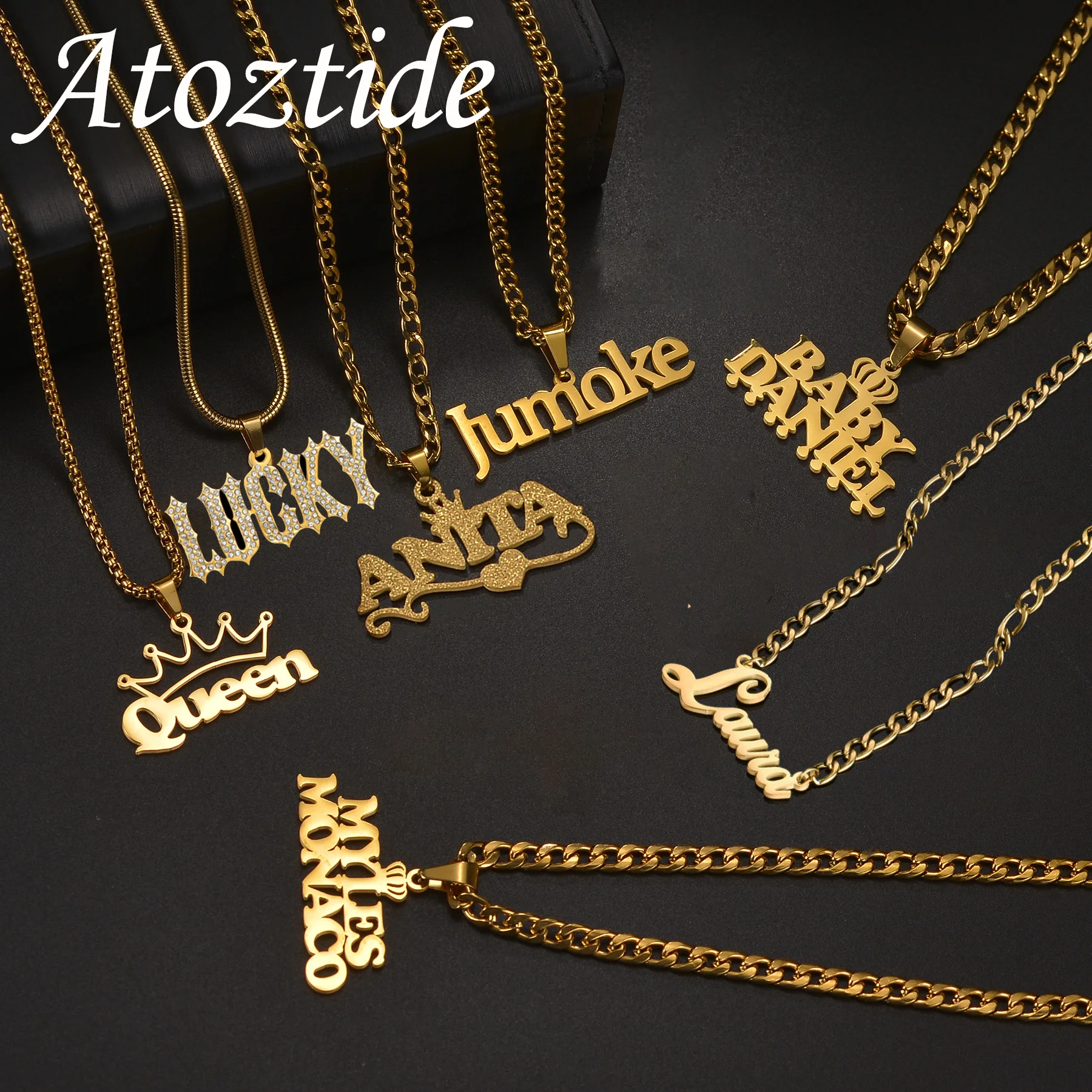 Atoztide Custom Name Necklace for Women Men Chain Stainless Steel Jewelry Choker Nameplate Pendant Personalized Mothers Day Gift