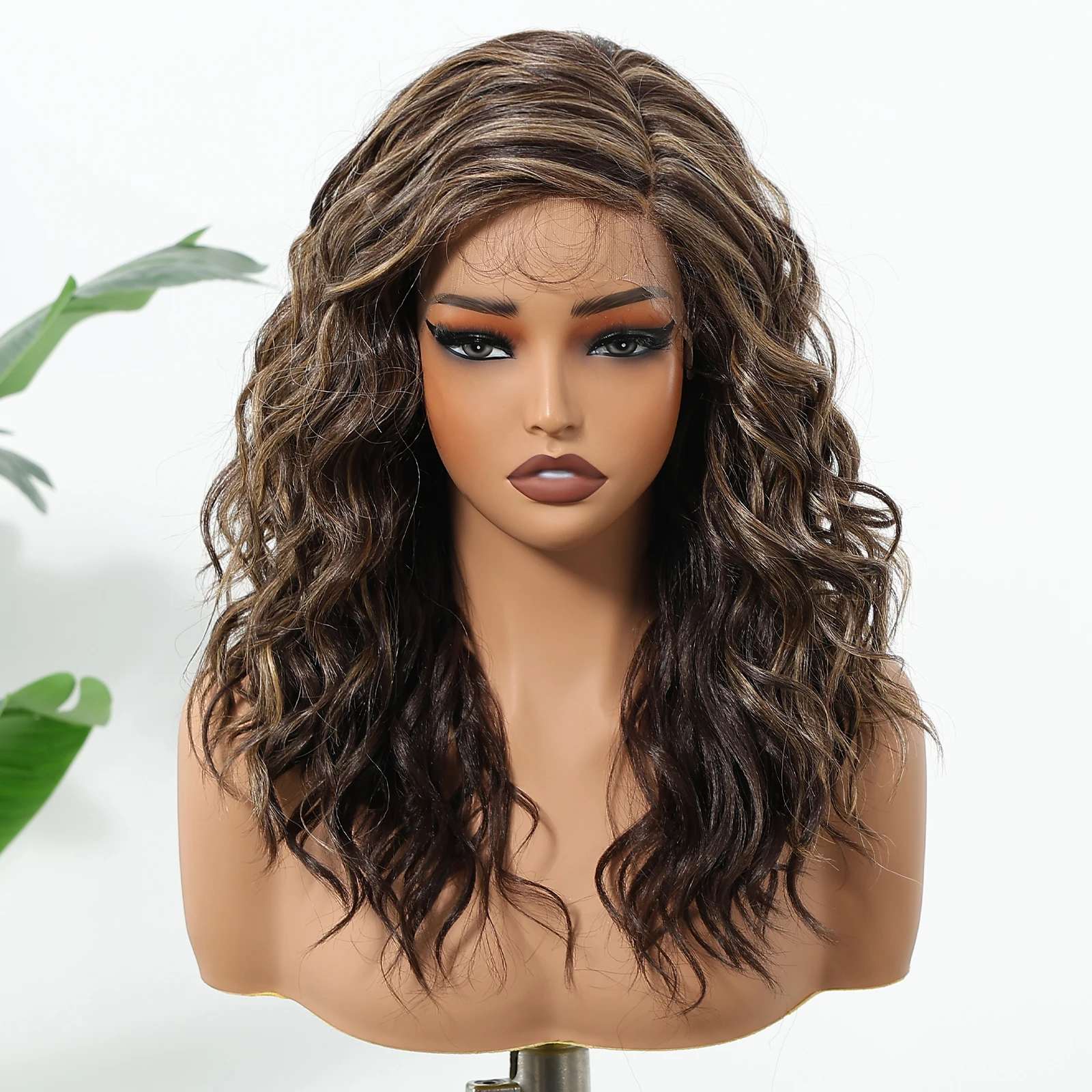 Kant Frontale Synthetische Pruiken Goudbruin Hoogtepunt Gemengde Pruiken Zijdeel Kant Haar Middellange Watergolf Pruiken voor Afro Vrouwen