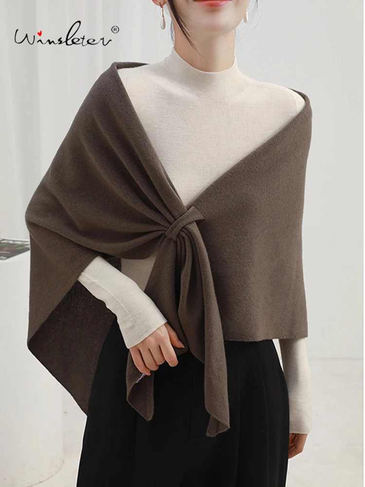 

Winsleter-Женская элегантная шаль из 100% овечьей шерсти, сохраняет тепло, модный универсальный мягкий ленивый вязаный треугольный шарф, осень 2023, A59148CC