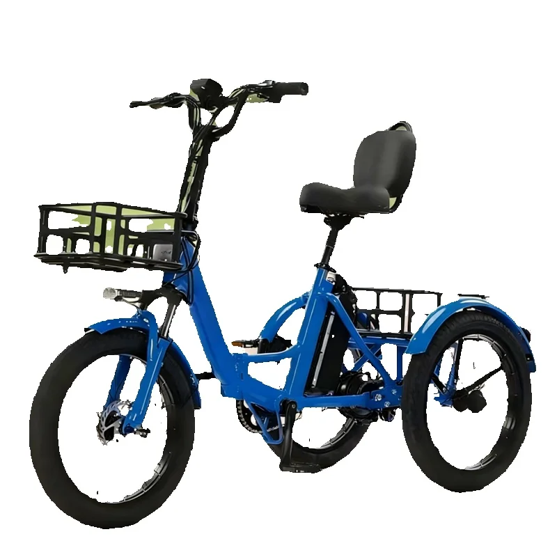 350W 48V 3-wiel lichtgewicht opvouwbare elektrische fiets met mandje, elektrische fiets blauw voor volwassenen mannen elektrische driewieler - afbeelding 2