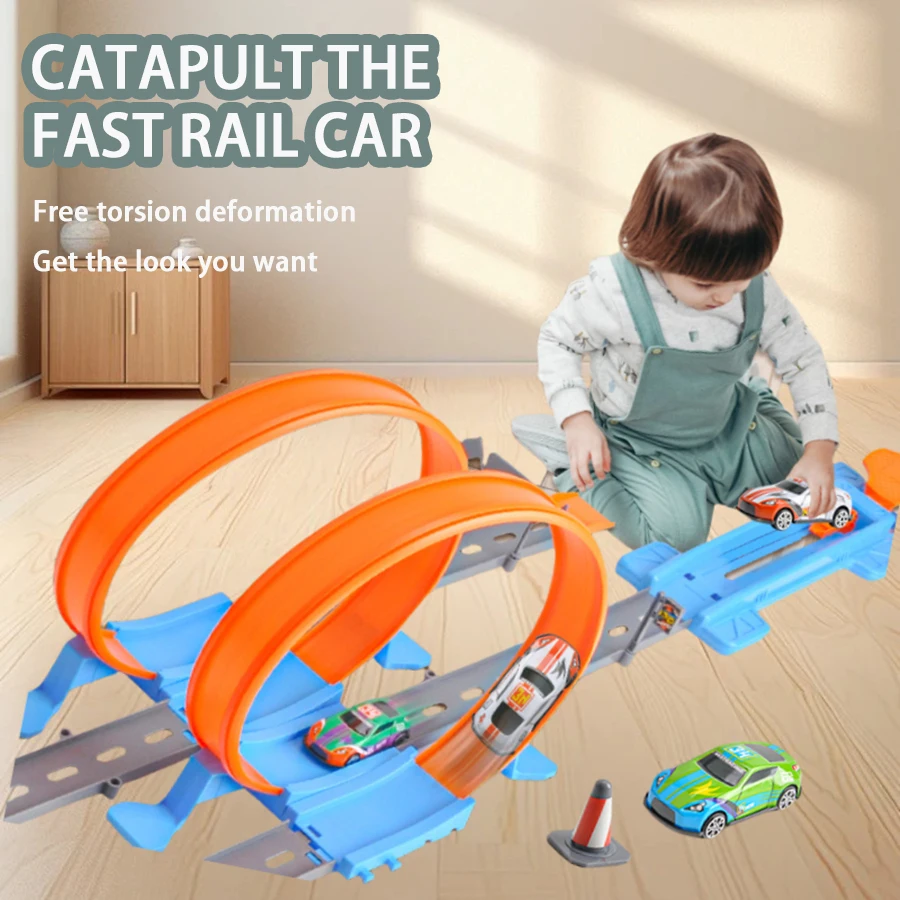 Kids Double Car Wheels Model Racing Track Toys DIY Assembled Rail Kits Catapult Rail Car Racing Boy Toy For Boys Girls Gifts