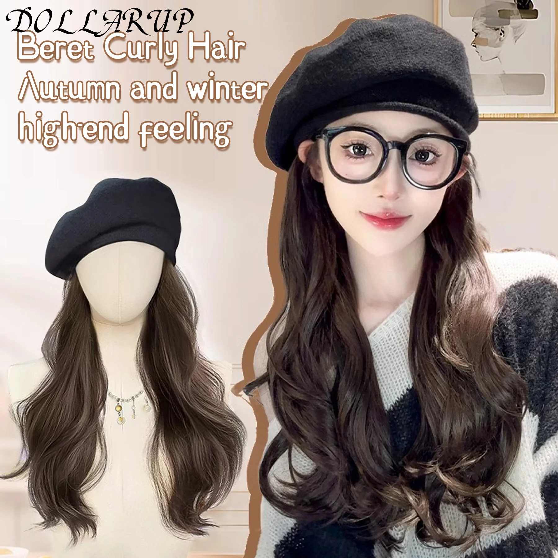 Long Curly Hair With Black Woolen Beret With Synthetic Fashion Lazy Long Curly Hair Beret Wig Naturally Fluffy Warm Fashion