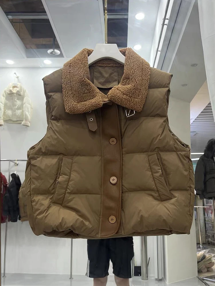 الخريف الشتاء الجلد المدبوغ التلبيب الدافئة أسفل سترة المرأة الأبيض بطة أسفل فضفاضة سترات بلا أكمام الإناث واحدة الصدر الصلبة الصدريات