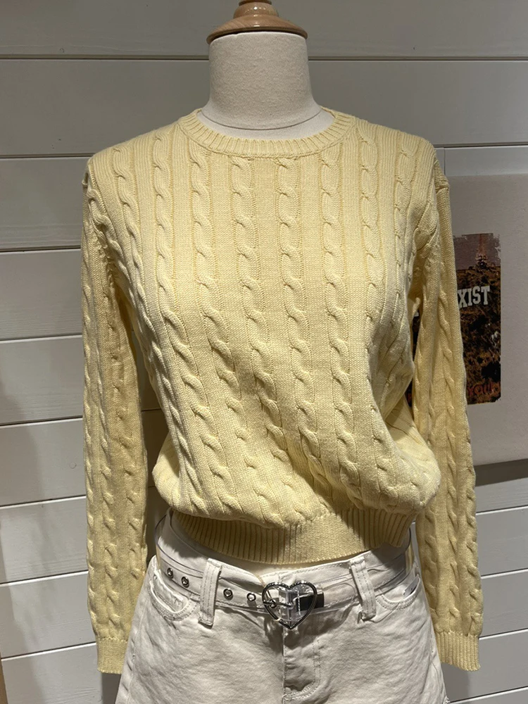 Vintage Cotton Cable Kint sweter kobiety jesień Harajuku solidna wokół szyi z długim rękawem topy kobieta Retro śliczne wąskie swetry Chic