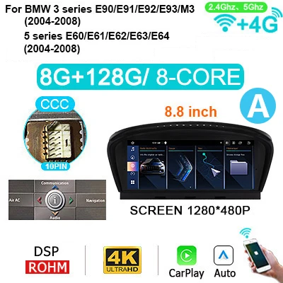 Draadloze Carplay Android 15 Auto 8.8" Scherm Autoradio Stereo voor BMW 5 Serie E60 E61 E63 E64 3 Serie E90 E91 E92 M3 2004-2012 - afbeelding 1