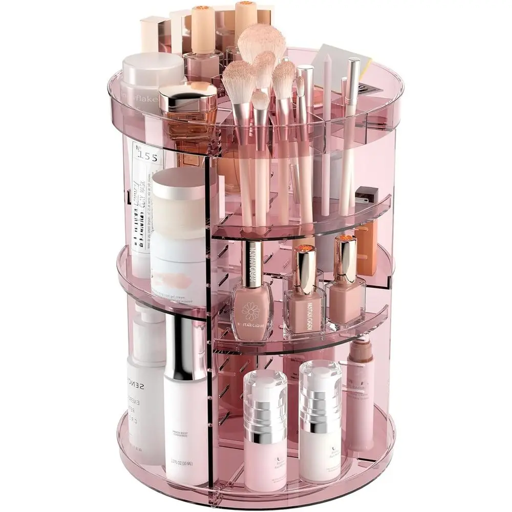 Rotating Makeup Organizer with DIY 8 Adjustable Height, Pink | Lipstick Slots, Spinning Skincare, Brush and Perfume Storage, Van